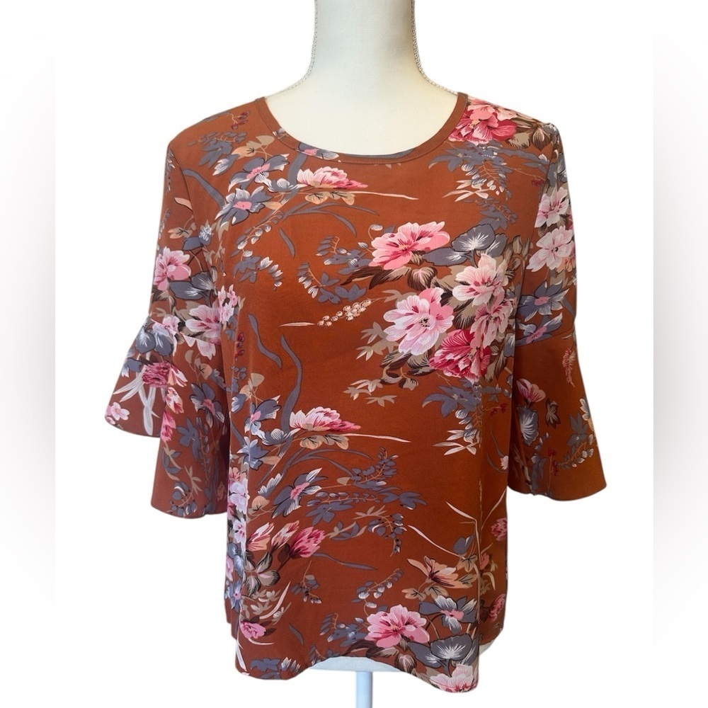 Grawell Floral Blouse Bell Sleeve Boho Flowy Top Lightweight Fall Spring Size S